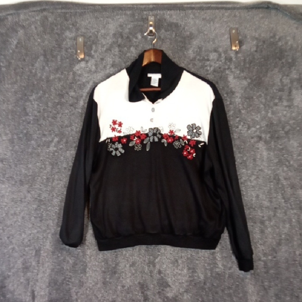 Alfred Dunner Black Collared Sweatshirt Cottage Core Gradma 80s 90s Size L
